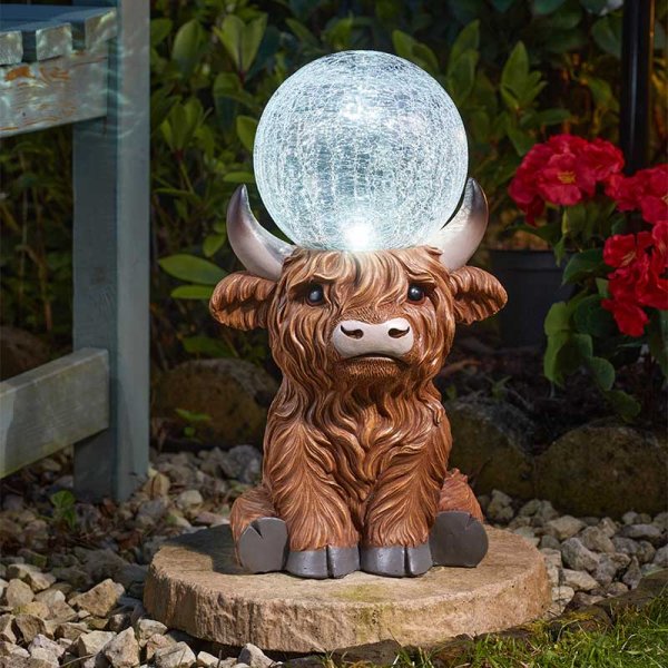 Highland Cow Solar LED Colour Changing Crackle Ball Light Ornament 36cm