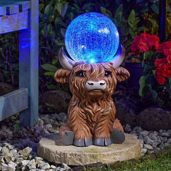 Highland Cow Solar LED Colour Changing Crackle Ball Light Ornament 36cm