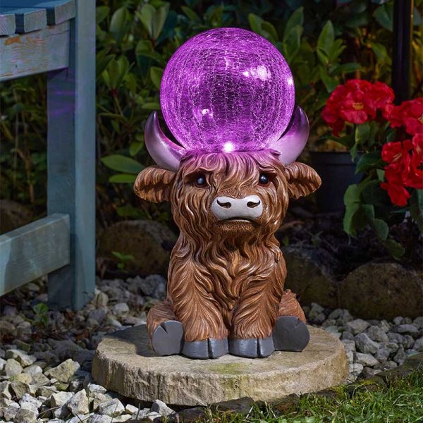 Highland Cow Solar LED Colour Changing Crackle Ball Light Ornament 36cm