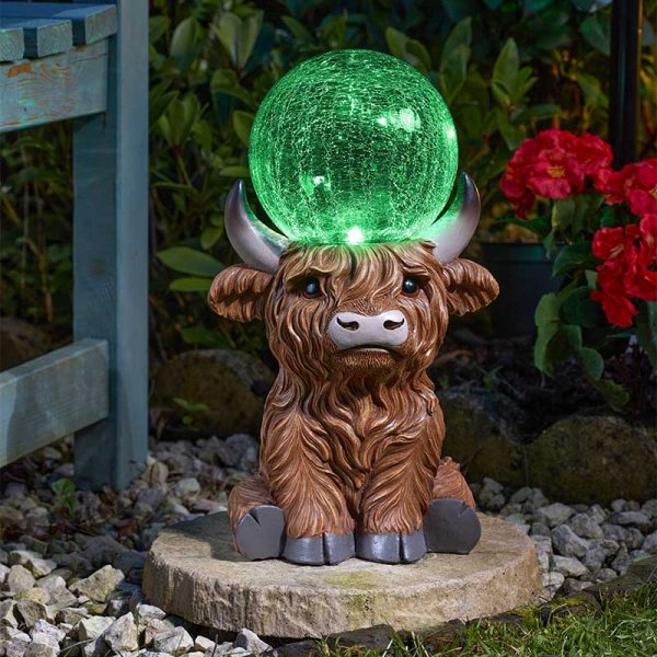 Highland Cow Solar LED Colour Changing Crackle Ball Light Ornament 36cm