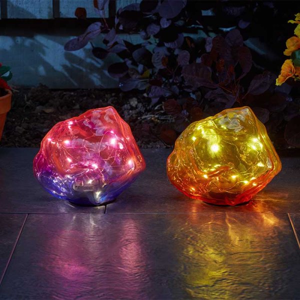 Solar Powered Glass Stone LED Set OF 2 Ornament SolStone Pink & Yellow