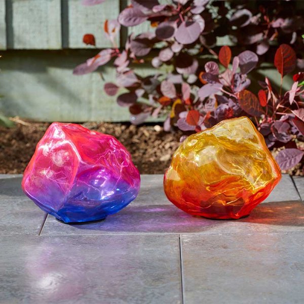Solar Powered Glass Stone LED Set OF 2 Ornament SolStone Pink & Yellow